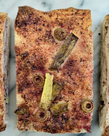 Green Olives, Onion Leeks & Sumac Focaccia Tray